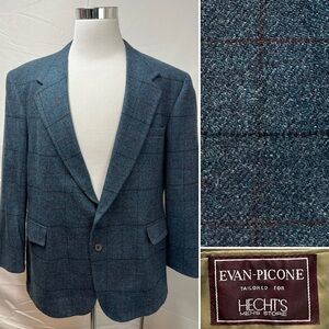 Evan Picone Men's 48R Blue Windowpane Plaid Tweed Vintage Wool Blazer Jacket